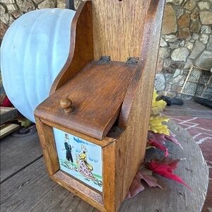 Vintage Wooden Wall-Mounted Box with Painted Tile